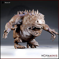 Hezrou demon miniature by Novaminis — squat, toad-like body crouched low with both clawed arms spread wide, mouth open in a wide toothy snarl, rows of bone spines running along the back.