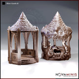 Novaminis Mimic Gazebo shown in two states side by side: left is a gothic hexagonal gazebo with arched tracery and tiled roof; right is the same form split open, revealing rows of fanged teeth and warped fleshy columns.