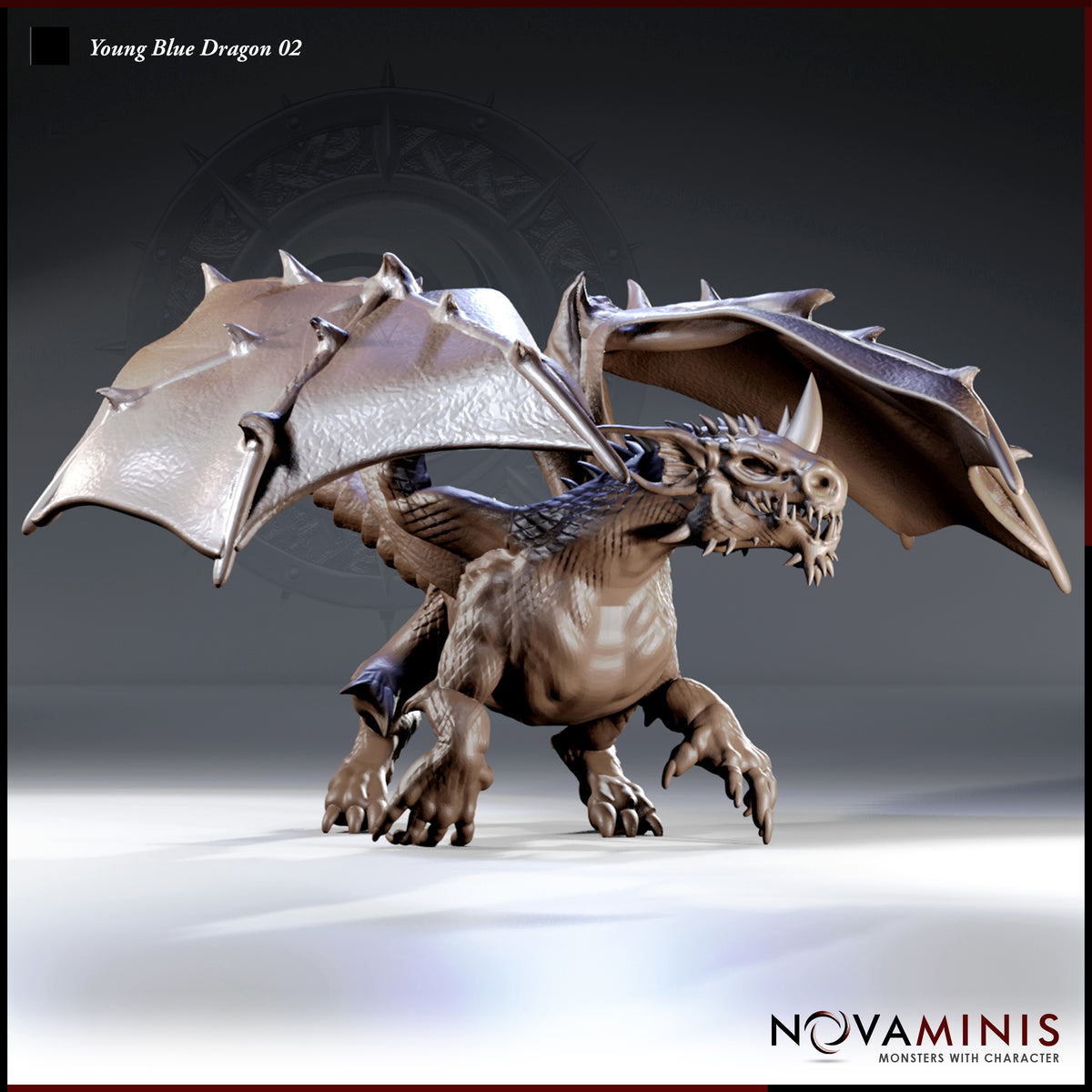 Young Blue Dragon 02 by Novaminis — stocky dragon crouched low, wings spread wide, jaws open in a snarl, thick clawed limbs planted on the ground, spiked wing edges and ridged tail visible.