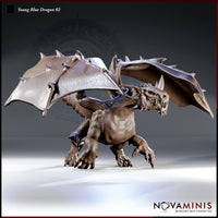 Young Blue Dragon 02 by Novaminis — stocky dragon crouched low, wings spread wide, jaws open in a snarl, thick clawed limbs planted on the ground, spiked wing edges and ridged tail visible.