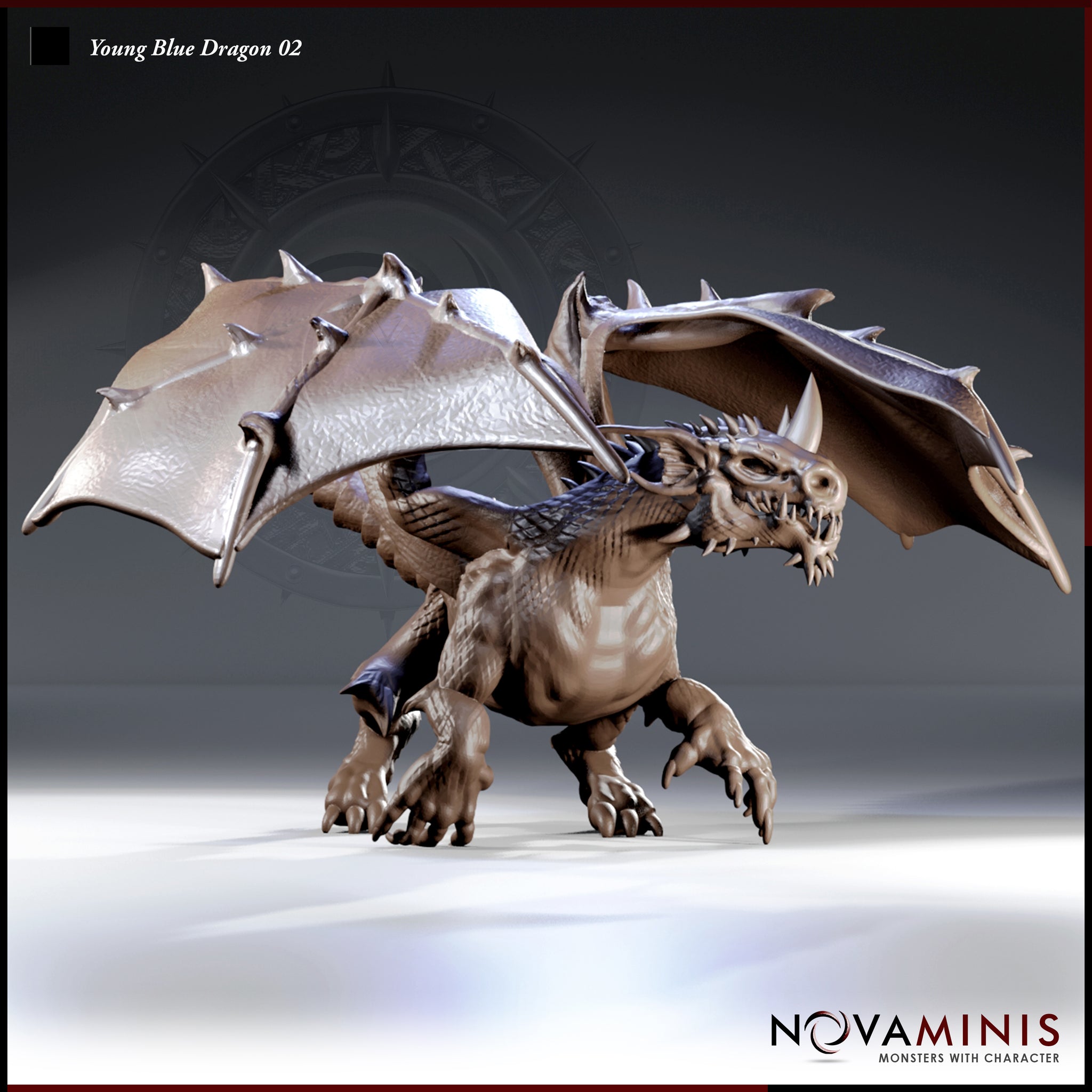 Young Blue Dragon 02 by Novaminis — stocky dragon crouched low, wings spread wide, jaws open in a snarl, thick clawed limbs planted on the ground, spiked wing edges and ridged tail visible.