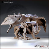Young Red Dragon 02 by Novaminis — low predatory crouch, head thrust forward with jaws open in a snarl, broad wings braced low, heavy dorsal spines and overlapping scales across the back.