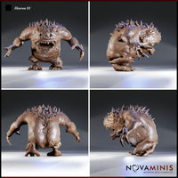 Hezrou demon miniature by Novaminis shown from four angles — heavy warty torso, clawed hands reaching forward, spined crown along the back, and wide jaw packed with uneven teeth visible from every perspective.