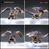 Young Blue Dragon 02 by Novaminis — four-angle render showing spiked tail length, leathery wing membrane texture, muscular haunches, horned brow, and exposed fangs from multiple perspectives.