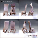 Four-panel render of the Novaminis mimic high-back chair sculpt showing multiple angles: the dormant wooden chair form alongside the revealed monster state, exposing a wide fanged maw, warped organic torso, and partially disguised leg structure.
