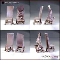 Four-panel render of the Novaminis mimic high-back chair sculpt showing multiple angles: the dormant wooden chair form alongside the revealed monster state, exposing a wide fanged maw, warped organic torso, and partially disguised leg structure.