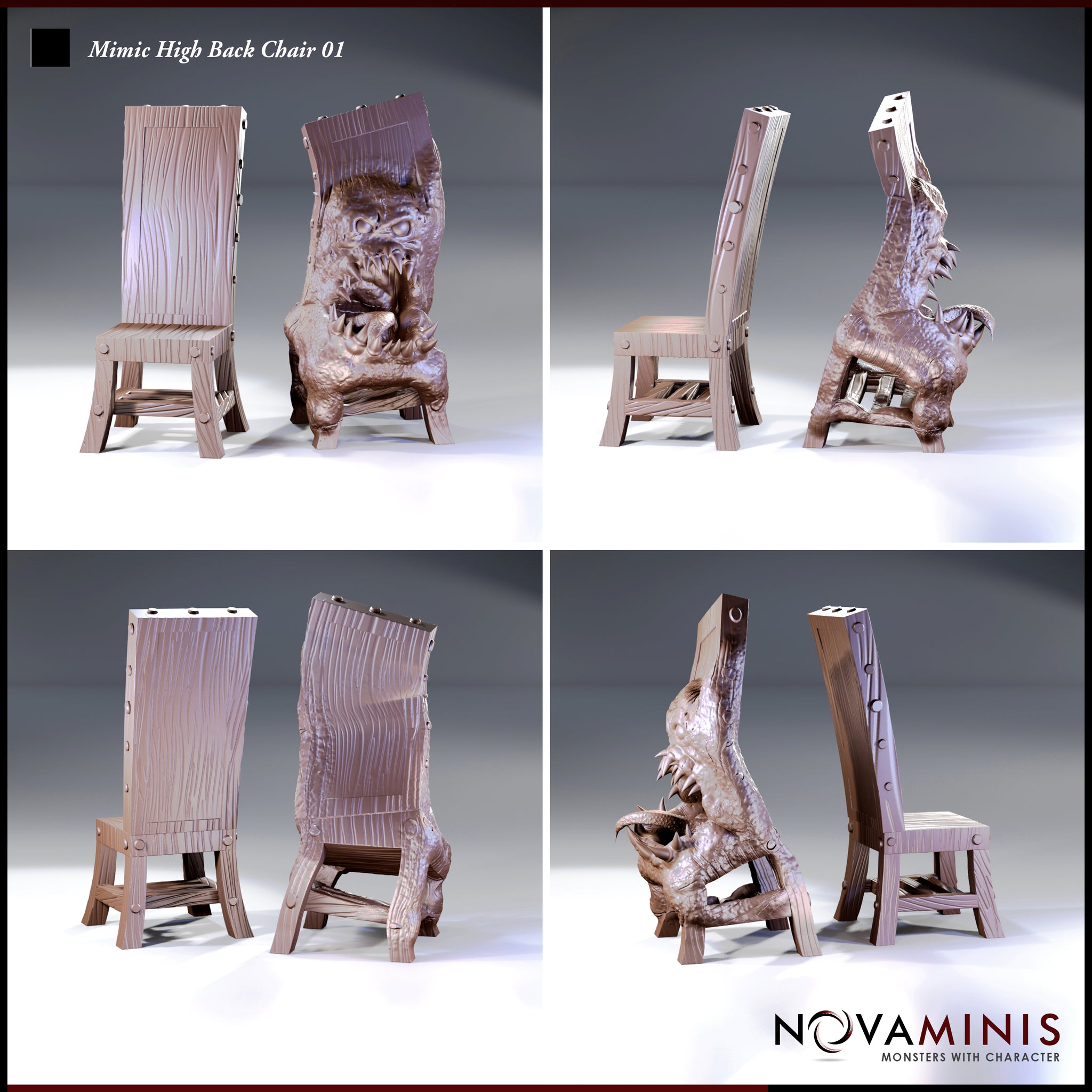 Four-panel render of the Novaminis mimic high-back chair sculpt showing multiple angles: the dormant wooden chair form alongside the revealed monster state, exposing a wide fanged maw, warped organic torso, and partially disguised leg structure.