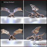 Red Dragon Wyrmling 01 by Novaminis — four angles showing wing membrane texture with bone spurs, ridged brow, overlapping belly scales, and low predatory stance with tail extended. Sculpt by Novaminis.