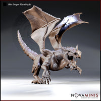 Blue Dragon Wyrmling 01 by Novaminis — small dragon lunging forward, wings spread wide, jaws open, claws raised, serrated tail arcing behind. Crisp scale texture across body.