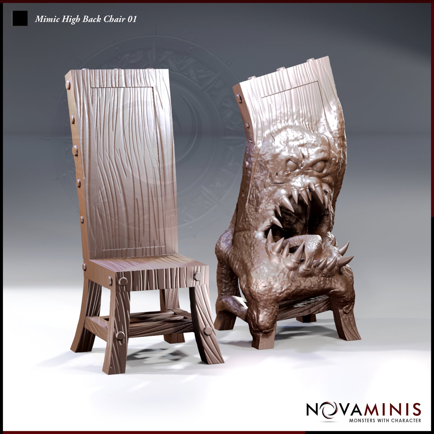 Two Novaminis mimic chair sculpts side by side: left shows a dormant high-back wooden chair with carved grain and iron rivets; right shows the same chair mid-reveal, maw open wide with jagged fangs, beady eyes glaring, organic flesh erupting from the frame.