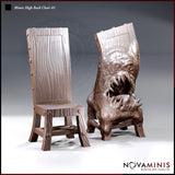 Two Novaminis mimic chair sculpts side by side: left shows a dormant high-back wooden chair with carved grain and iron rivets; right shows the same chair mid-reveal, maw open wide with jagged fangs, beady eyes glaring, organic flesh erupting from the frame.