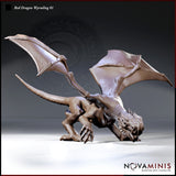 Red Dragon Wyrmling 01 by Novaminis — aggressive crouch, head thrust forward with open jaws, wings spread wide, deeply scaled hide, prominent horns, sharp claws extended. Sculpt by Novaminis.