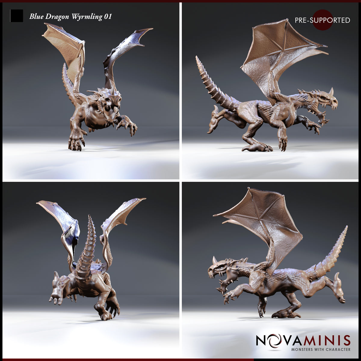 Blue Dragon Wyrmling 01 by Novaminis — four-angle sheet showing the same wyrmling sculpt: wings aloft, low crouching stance, open mouth, ridged spine and scaled tail visible from all sides.