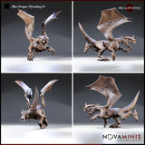 Blue Dragon Wyrmling 01 by Novaminis — four-angle sheet showing the same wyrmling sculpt: wings aloft, low crouching stance, open mouth, ridged spine and scaled tail visible from all sides.