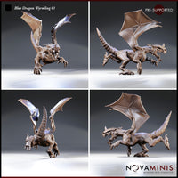 Blue Dragon Wyrmling 01 by Novaminis — four-angle sheet showing the same wyrmling sculpt: wings aloft, low crouching stance, open mouth, ridged spine and scaled tail visible from all sides.