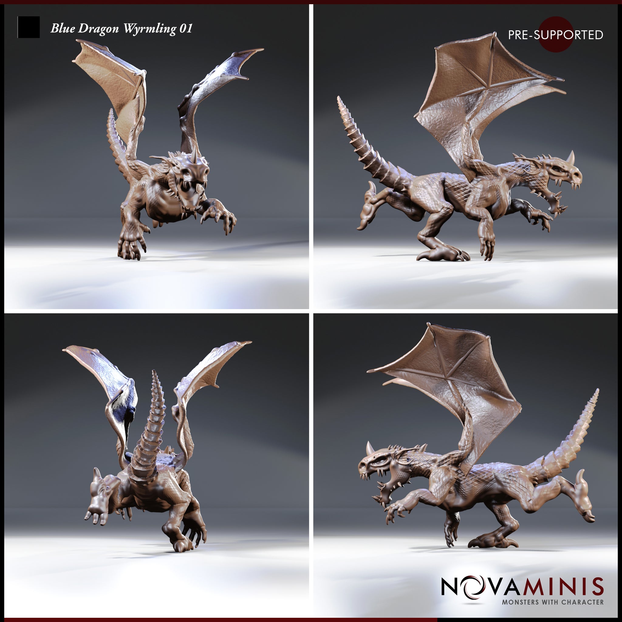Blue Dragon Wyrmling 01 by Novaminis — four-angle sheet showing the same wyrmling sculpt: wings aloft, low crouching stance, open mouth, ridged spine and scaled tail visible from all sides.
