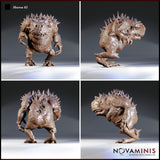 Hezrou demon miniature by Novaminis shown from four angles — heavily textured warty hide, long dorsal spines, clawed feet, compact arms raised, broad gaping maw with irregular teeth visible from multiple directions.