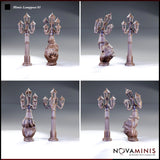 Four-panel render of the Novaminis Mimic Lamppost: showing the fleshy revealed form with gaping maw and hooked teeth alongside the clean ironwork disguised form, each viewed from multiple angles to show the detailed lantern arms and textured monster body.