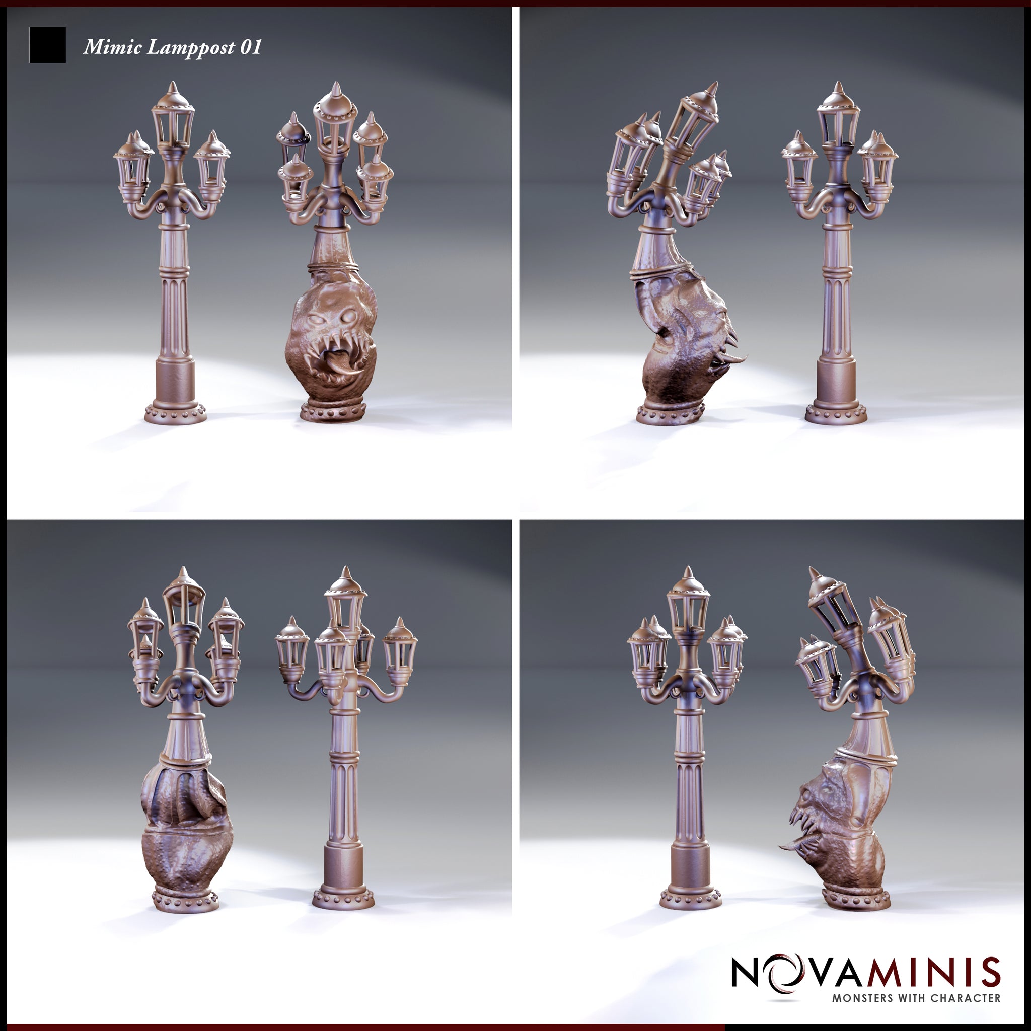 Four-panel render of the Novaminis Mimic Lamppost: showing the fleshy revealed form with gaping maw and hooked teeth alongside the clean ironwork disguised form, each viewed from multiple angles to show the detailed lantern arms and textured monster body.