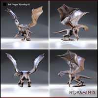 Red Dragon Wyrmling 02 by Novaminis: four-angle turnaround showing the wyrmling's swept-back horns, muscular haunches, clawed feet, long tail, and leathery wing structure.