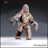 Manes demon miniature by Novaminis — bloated, hunched fiend with arms spread wide, elongated claws extended, baring teeth in a hollow-eyed grimace. Pustules cluster across torso and thighs.