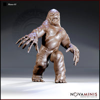 Manes demon miniature by Novaminis — bloated, hunched fiend with arms spread wide, elongated claws extended, baring teeth in a hollow-eyed grimace. Pustules cluster across torso and thighs.