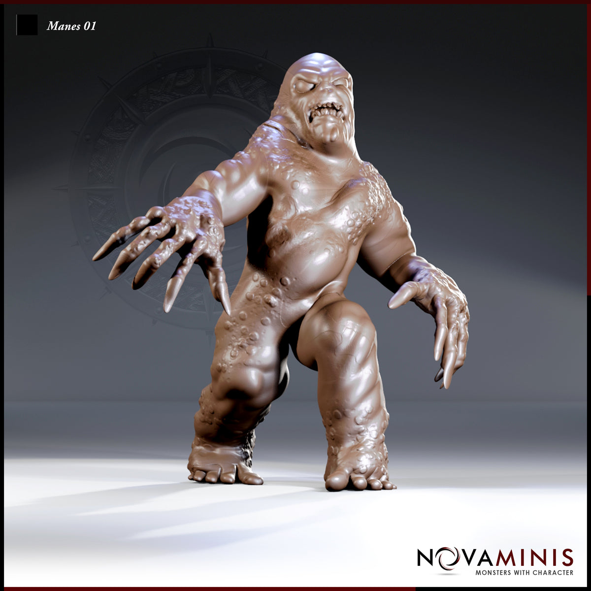 Manes demon miniature by Novaminis — bloated, hunched fiend with arms spread wide, elongated claws extended, baring teeth in a hollow-eyed grimace. Pustules cluster across torso and thighs.