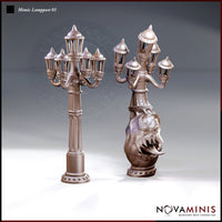 Two Novaminis Mimic Lamppost sculpts side by side: left is a smooth ironwork candelabra lamppost with five lantern arms and spiked finials; right shows the same lamppost with the lower column replaced by a bulging, fanged creature body with wide open jaws.