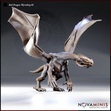 Red Dragon Wyrmling 02 by Novaminis: small dragon lunging forward on hind legs, wings spread wide, jaws open, with detailed scale texture across body and wing membranes.