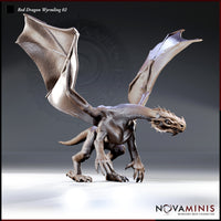 Red Dragon Wyrmling 02 by Novaminis: small dragon lunging forward on hind legs, wings spread wide, jaws open, with detailed scale texture across body and wing membranes.