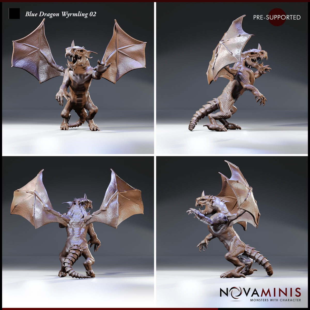 Blue dragon wyrmling shown from four angles — front, rear, left profile, and right profile — revealing the full wing membrane texture, open-mouthed roar, and articulated tail. Sculpt by Novaminis.
