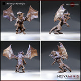 Blue dragon wyrmling shown from four angles — front, rear, left profile, and right profile — revealing the full wing membrane texture, open-mouthed roar, and articulated tail. Sculpt by Novaminis.