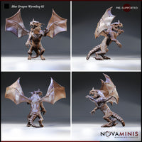 Blue dragon wyrmling shown from four angles — front, rear, left profile, and right profile — revealing the full wing membrane texture, open-mouthed roar, and articulated tail. Sculpt by Novaminis.