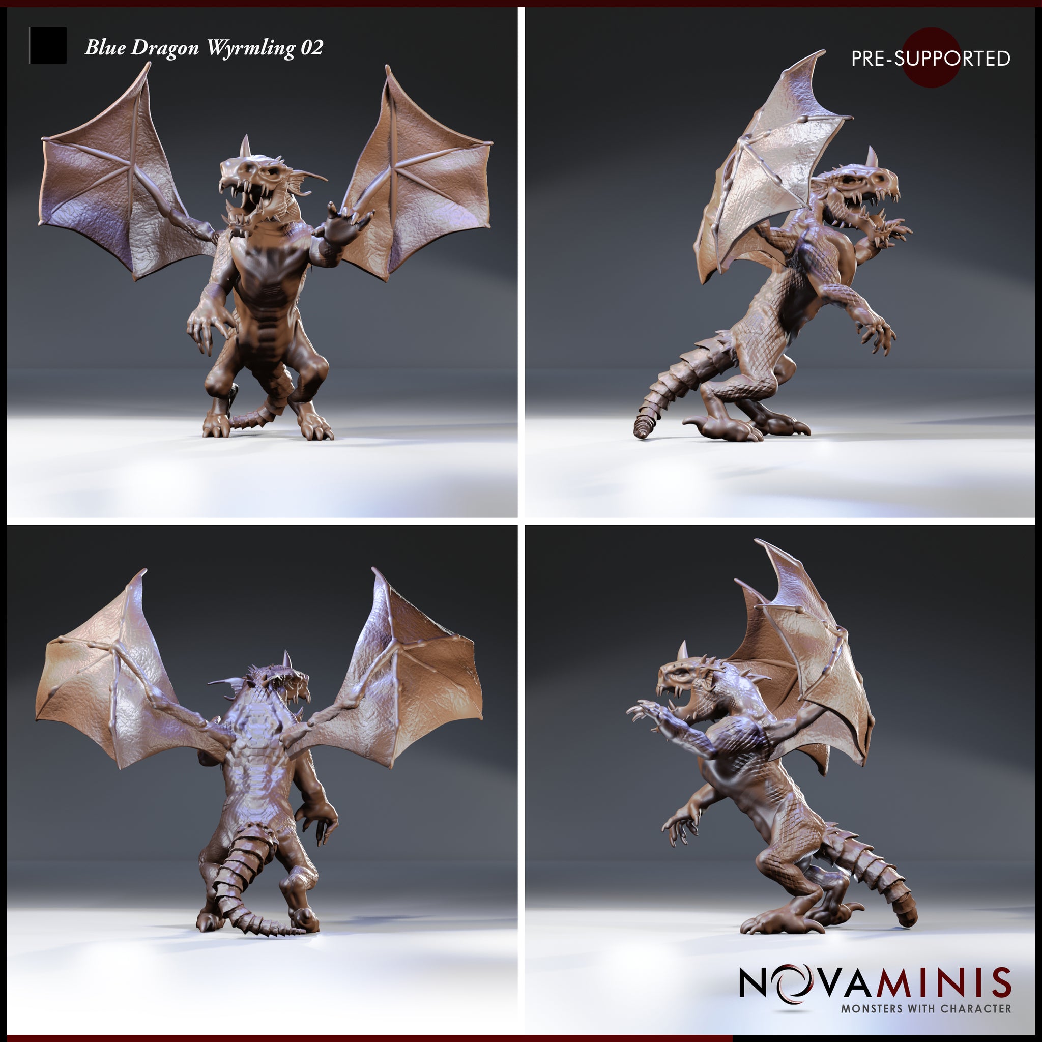 Blue dragon wyrmling shown from four angles — front, rear, left profile, and right profile — revealing the full wing membrane texture, open-mouthed roar, and articulated tail. Sculpt by Novaminis.