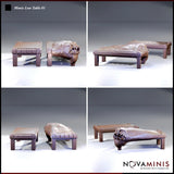 Novaminis Mimic Low Table 01 shown from multiple angles — four views of the dormant table and creature-revealed states, highlighting the woodgrain texture on the legs, the bulging organic body, and the open-jawed head with sharp, irregular teeth.