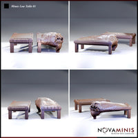 Novaminis Mimic Low Table 01 shown from multiple angles — four views of the dormant table and creature-revealed states, highlighting the woodgrain texture on the legs, the bulging organic body, and the open-jawed head with sharp, irregular teeth.
