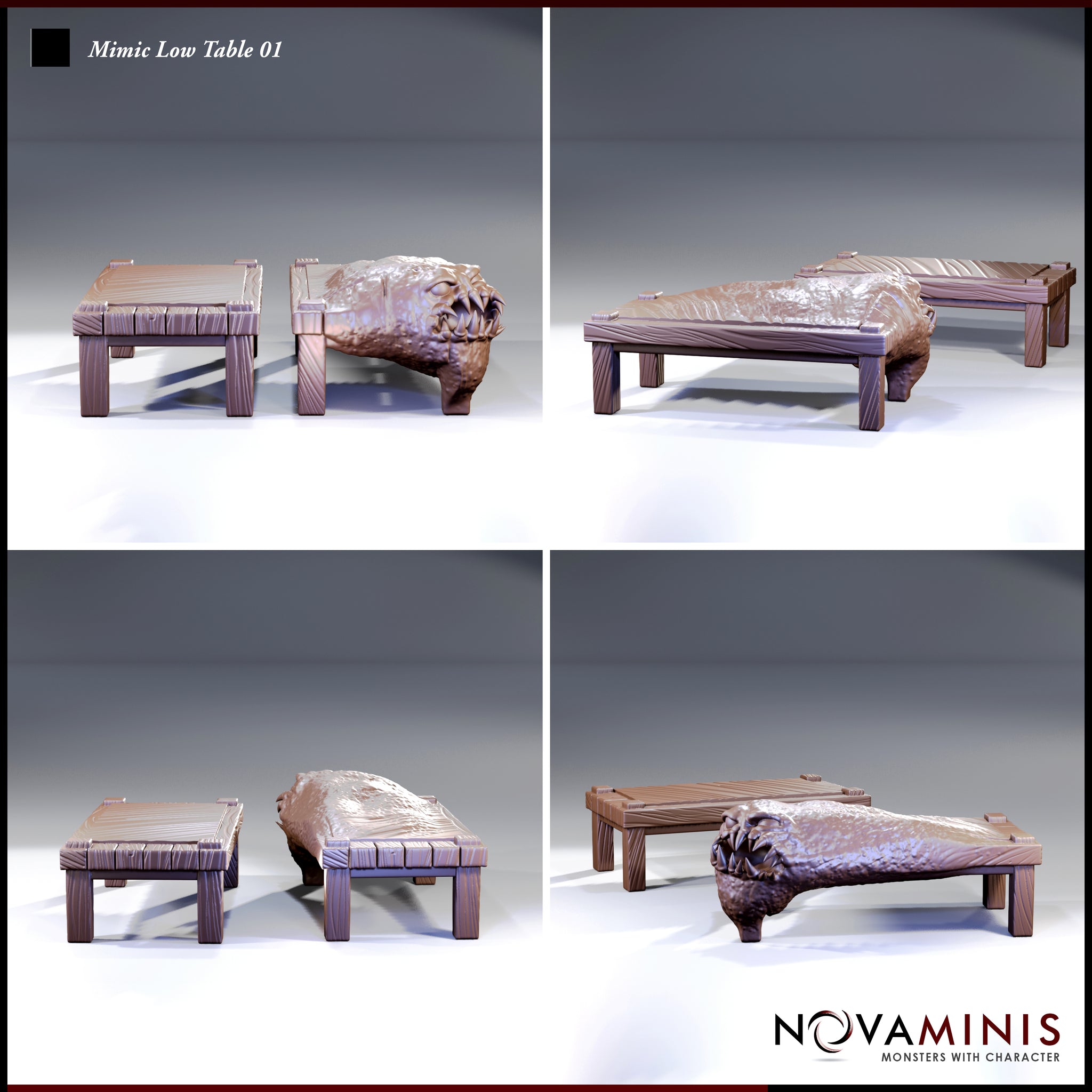 Novaminis Mimic Low Table 01 shown from multiple angles — four views of the dormant table and creature-revealed states, highlighting the woodgrain texture on the legs, the bulging organic body, and the open-jawed head with sharp, irregular teeth.
