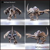 Red Dragon Wyrmling 03 by Novaminis — four-angle view showing the wyrmling's scaled body, leathery wing membranes, dorsal ridge, articulated claws, and snarling open jaw from front, side, and rear.