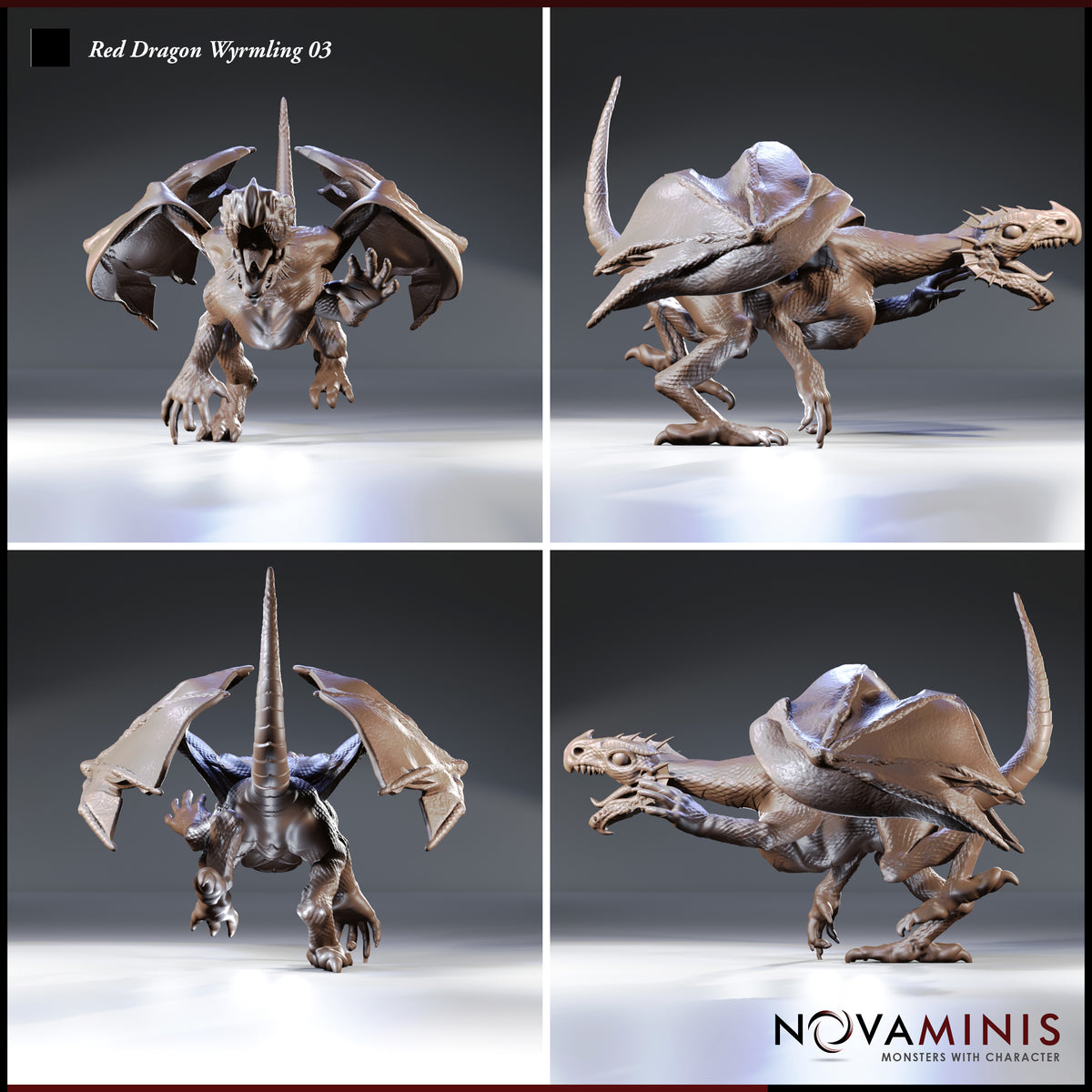 Red Dragon Wyrmling 03 by Novaminis — four-angle view showing the wyrmling's scaled body, leathery wing membranes, dorsal ridge, articulated claws, and snarling open jaw from front, side, and rear.