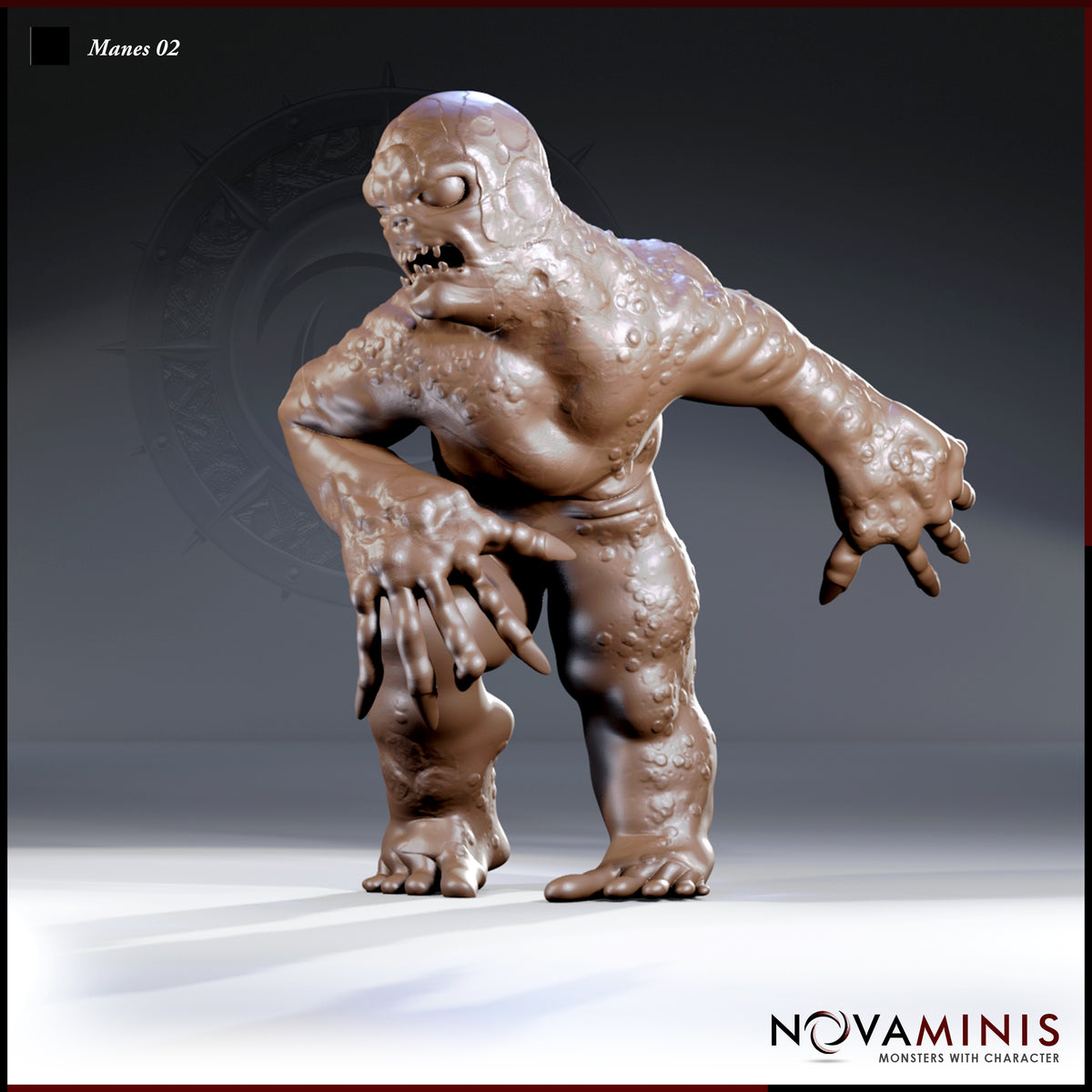 Manes 02 by Novaminis — hunched, pustule-covered demon leaning forward, arms raised with long clawed fingers spread wide, wide snarling mouth open, bald blister-ridden skull.