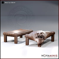 Novaminis Mimic Low Table 01 — two sculpts side by side: a plain wooden low table with plank top and square legs, and the same table mid-reveal, one end bursting open into a wide fanged maw with rows of pointed teeth and mottled fleshy hide.