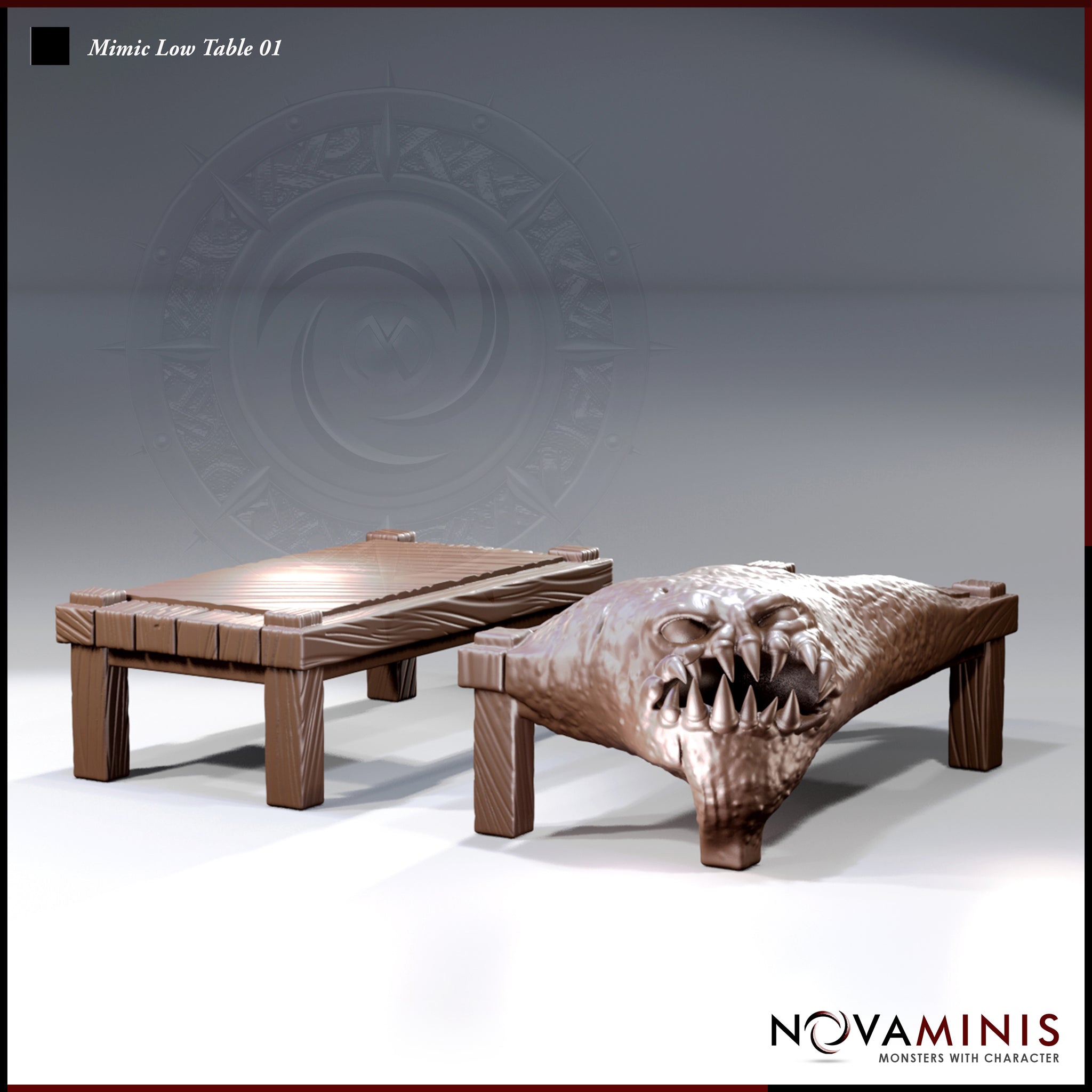 Novaminis Mimic Low Table 01 — two sculpts side by side: a plain wooden low table with plank top and square legs, and the same table mid-reveal, one end bursting open into a wide fanged maw with rows of pointed teeth and mottled fleshy hide.