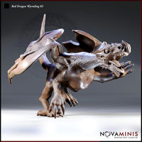 Red Dragon Wyrmling 03 by Novaminis — small dragon rearing back with wings spread wide, forelimbs thrust forward with talons splayed, jaws open in a snarl, large swept-back horns prominent.