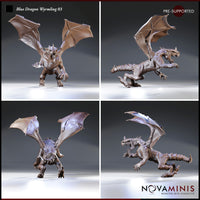 Blue Dragon Wyrmling 03 by Novaminis — four-angle composite showing the same wyrmling sculpt: lunging forward, rearing with wings aloft, from below showing wing membranes and underbelly, and a low side view with tail curled.