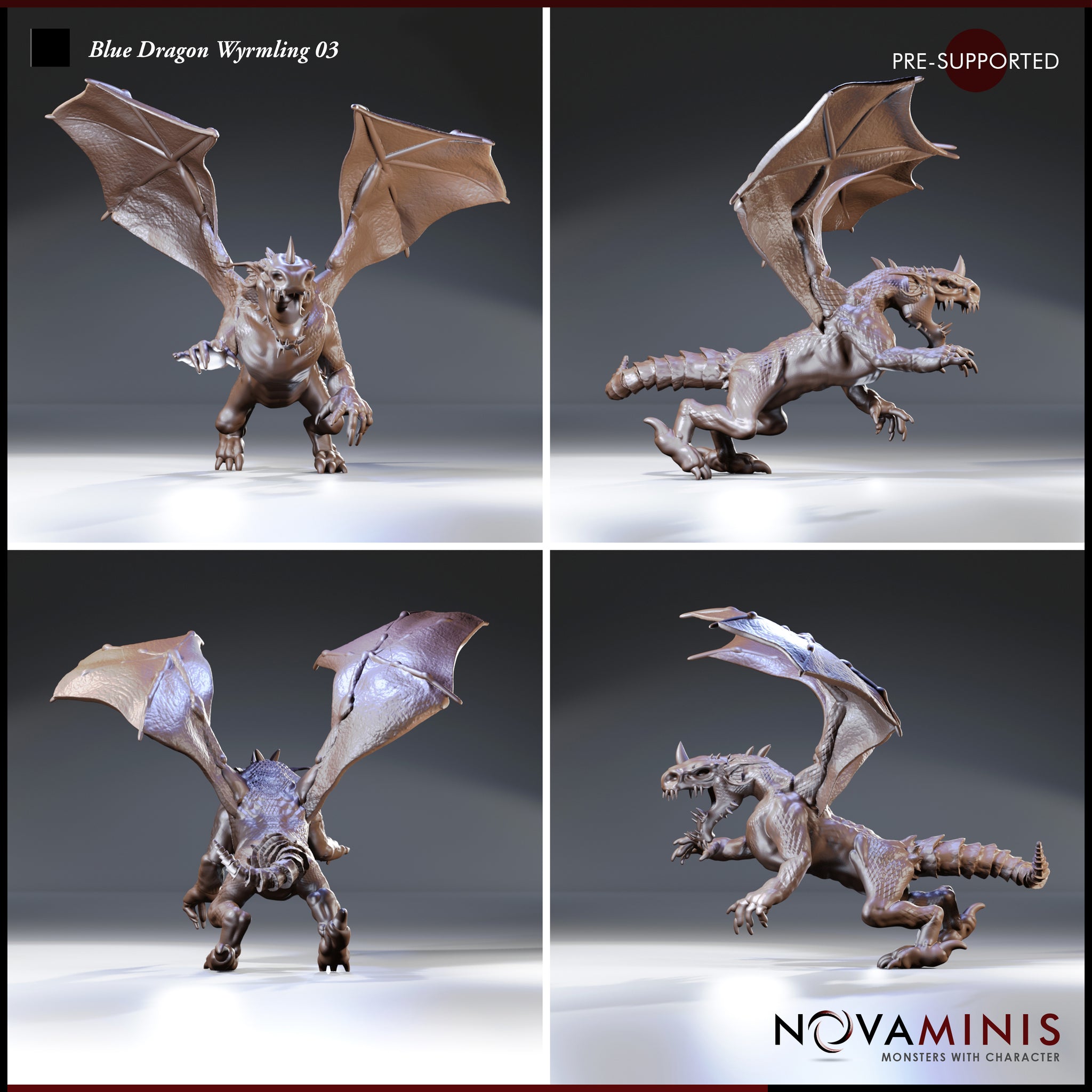 Blue Dragon Wyrmling 03 by Novaminis — four-angle composite showing the same wyrmling sculpt: lunging forward, rearing with wings aloft, from below showing wing membranes and underbelly, and a low side view with tail curled.