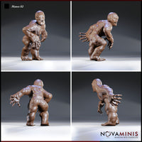 Manes 02 by Novaminis — four-angle turnaround showing the same crouching demon: claws extended forward, knotted flesh with raised pustules across back and limbs, asymmetric snarling face.