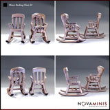 Four-panel render showing disguised and revealed rocking chair mimic sculpts from multiple angles — the revealed form shows a grotesque face across the backrest and organic, warped rockers. Sculpt by Novaminis.