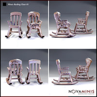 Four-panel render showing disguised and revealed rocking chair mimic sculpts from multiple angles — the revealed form shows a grotesque face across the backrest and organic, warped rockers. Sculpt by Novaminis.
