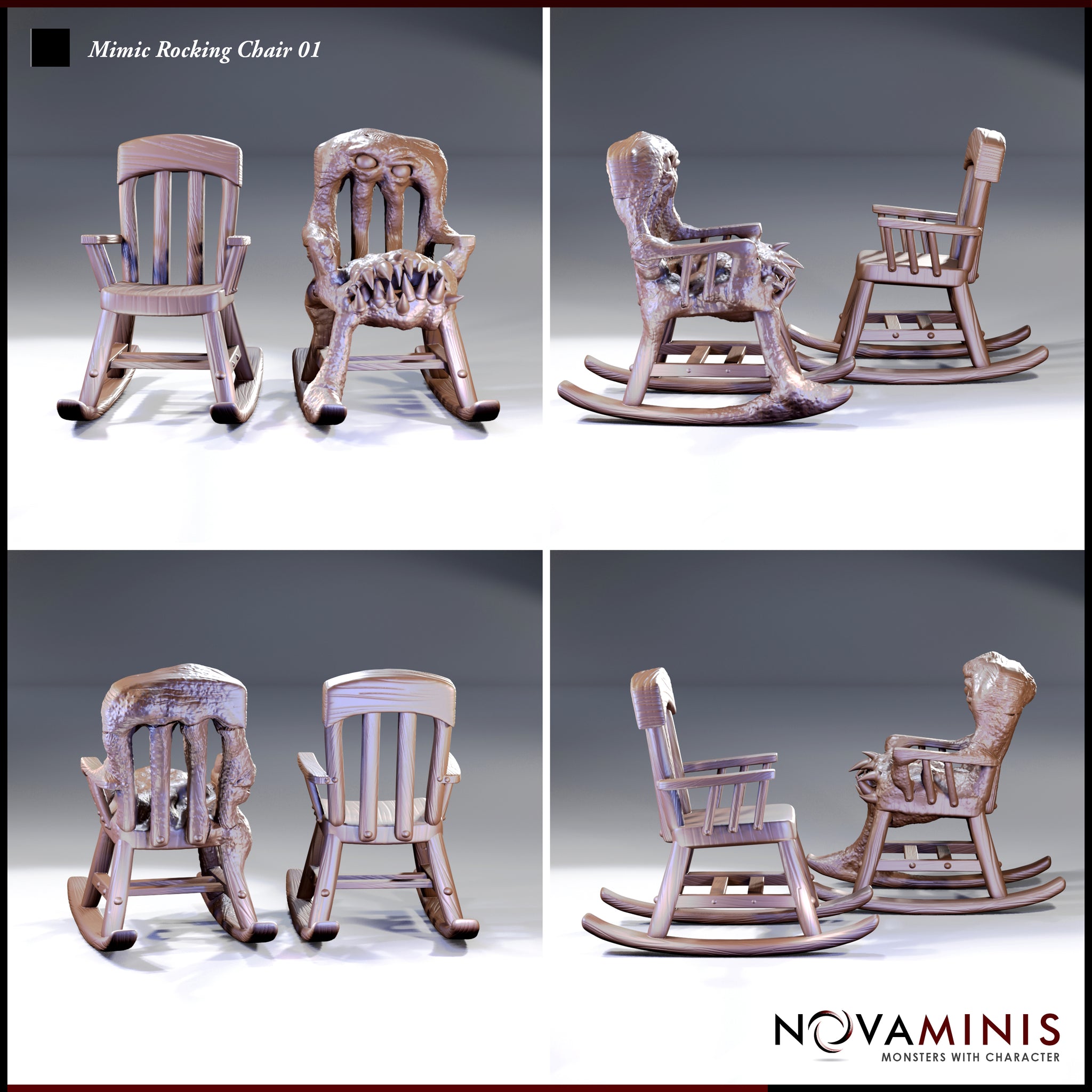 Four-panel render showing disguised and revealed rocking chair mimic sculpts from multiple angles — the revealed form shows a grotesque face across the backrest and organic, warped rockers. Sculpt by Novaminis.