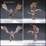 Red Dragon Wyrmling 04 by Novaminis — four-angle turnaround showing swept-back horns, dorsal scales, leathery ribbed wing sails, coiled tail, and aggressive crouched stance.